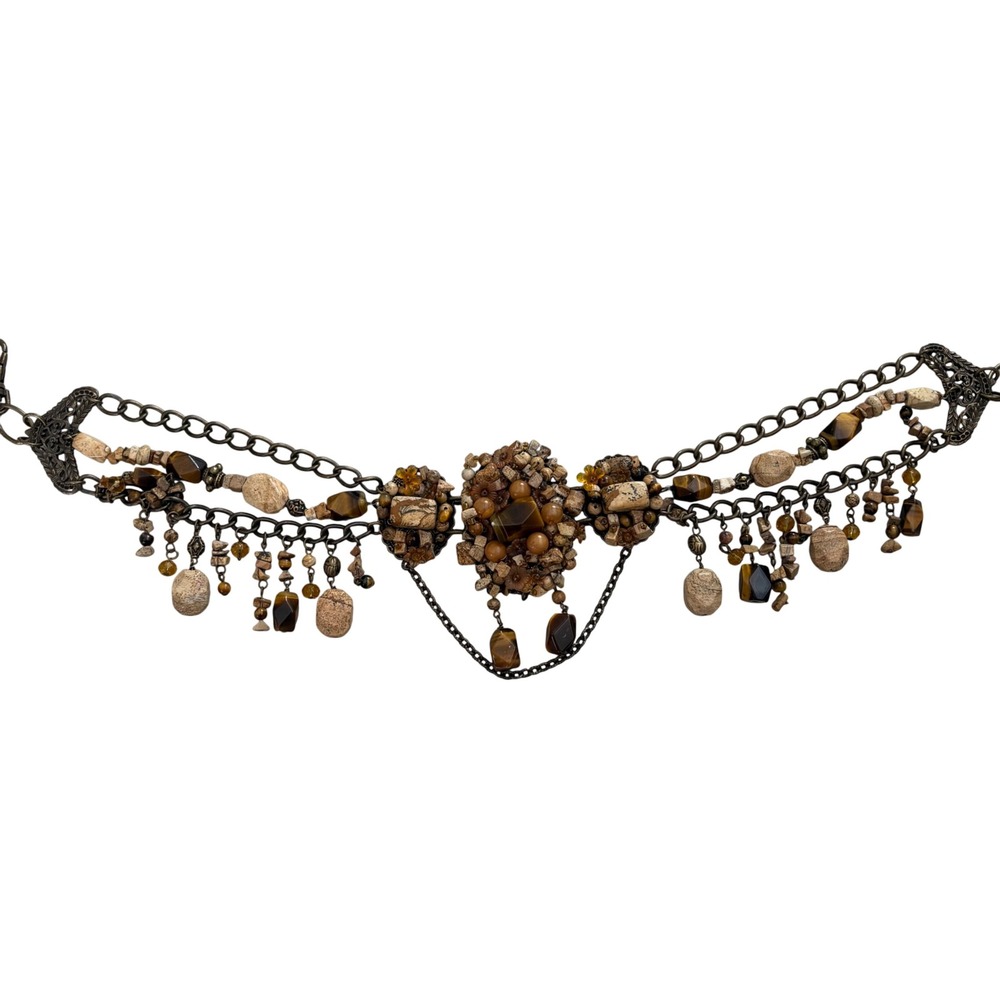 XW Boho Tigers Eye Jasper Stone Dangle Chain Belt Bronze Tone Adjustable 42in